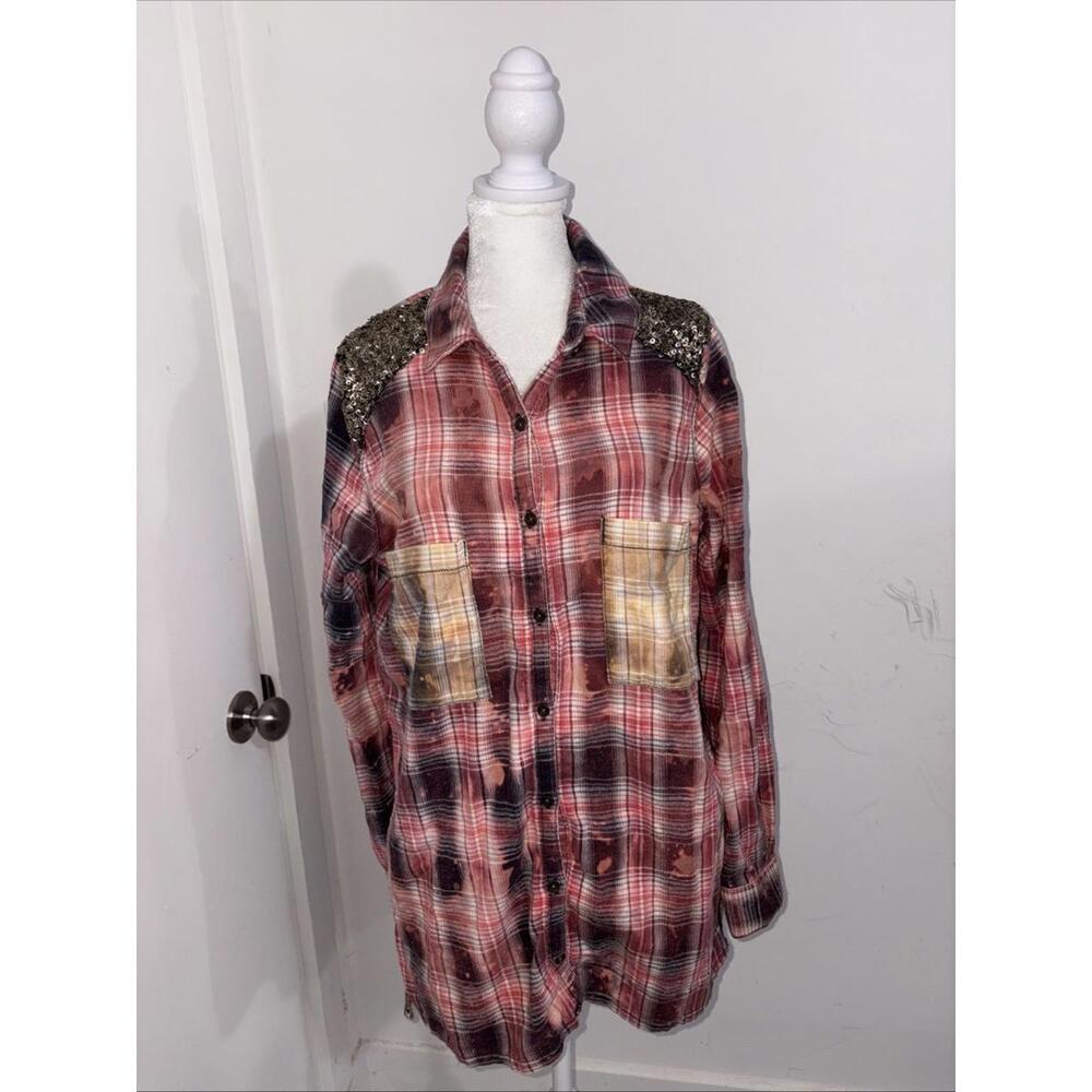 Free People Little Bit of Sugar Red Plaid Sequin Tunic Flannel Top Small Women’s